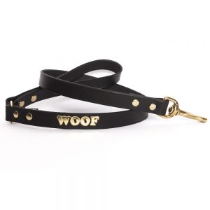 Leather Embossed WOOF Dog Lead - Black with Gold