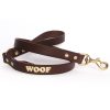 Leather Embossed WOOF Dog Lead - Choc with Gold