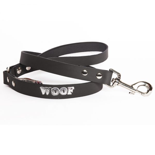 Leather Embossed WOOF Dog Lead - Grey with Silver