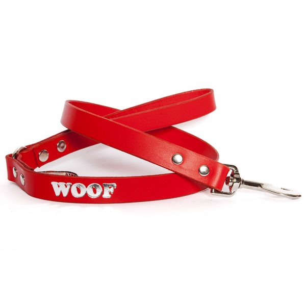 Leather Embossed WOOF Dog Lead - Red with Silver