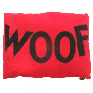 Dog Doza dog bed - WOOF design - chocolate on red
