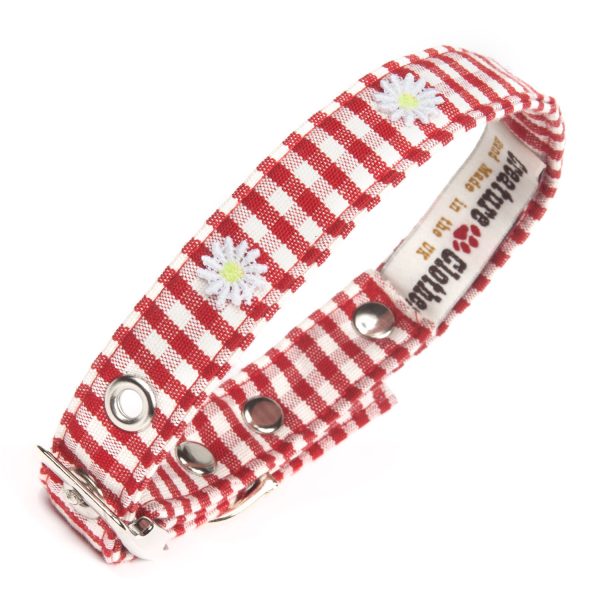 Red Gingham vegan fabric dog collar with daisies
