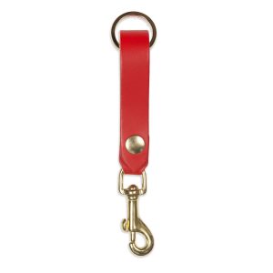 key clip tag red leather with brass fittings