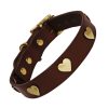 Chocolate brown leather dog collar with brass hearts