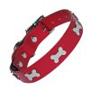Red Leather Dog collar with silver bones