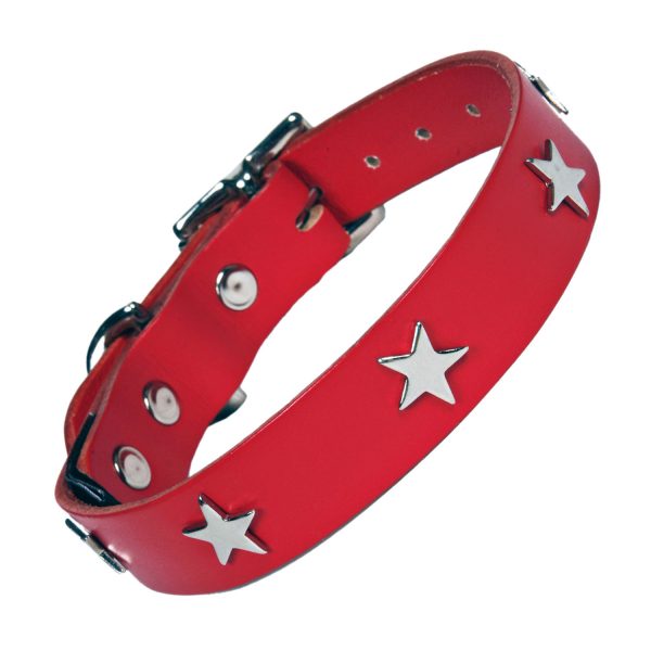 Classic Studded Dog Collar - Silver Stars on Red Leather