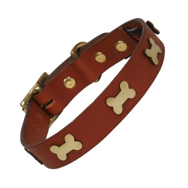 Tan Leather dog collar with brass bones