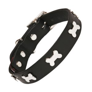 Black Leather Dog collar with silver bones