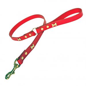Red leather dog lead with brass bones