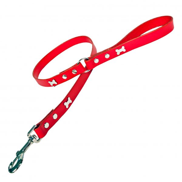 Red leather dog lead with silver bones