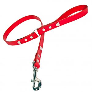 Red leather dog lead with silver hearts