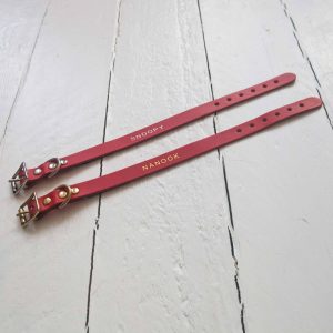Personalised red leather dog collars embossed with your dog's name