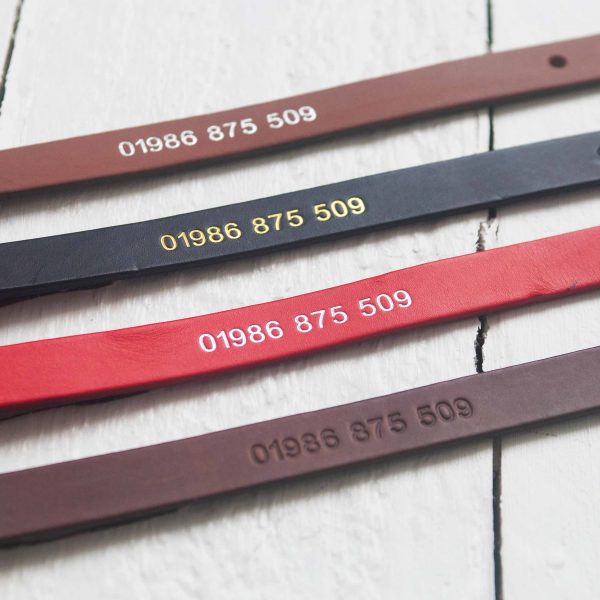 Personalised red, choc, tan and red leather dog collars embossed with your phone number