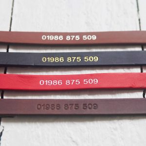 Personalised red, choc, tan and red leather dog collars embossed with your telephone number