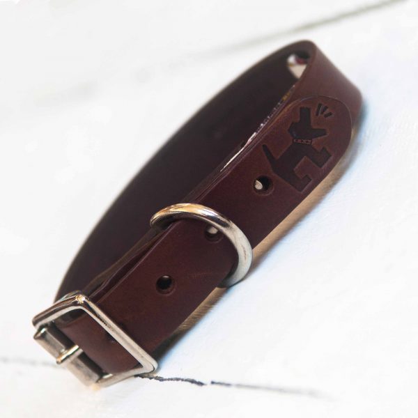 Personalised choc leather dog collar debossed with your telephone number