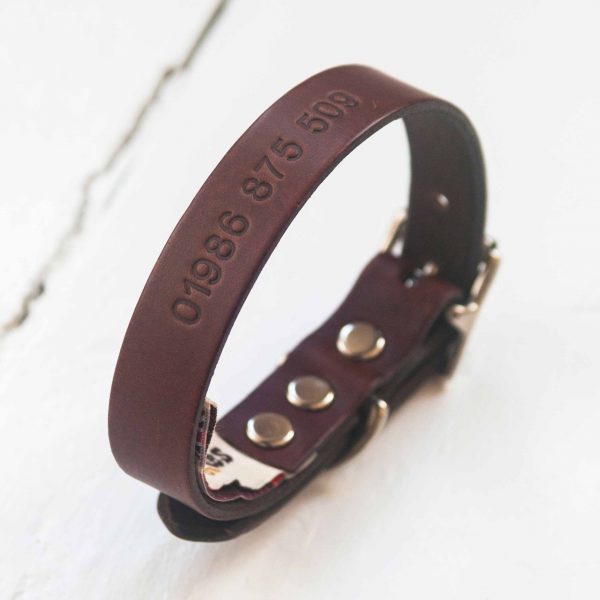 Personalised choc leather dog collar debossed with your phone number