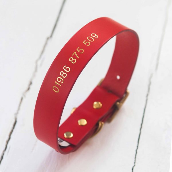 Personalised red leather dog collar embossed with your phone number