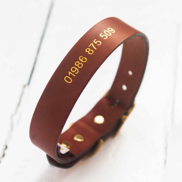Personalised tan leather dog collar embossed with contact number