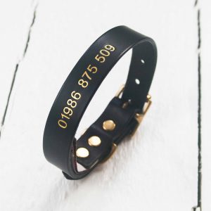 Personalised black leather dog collar embossed with telephone number