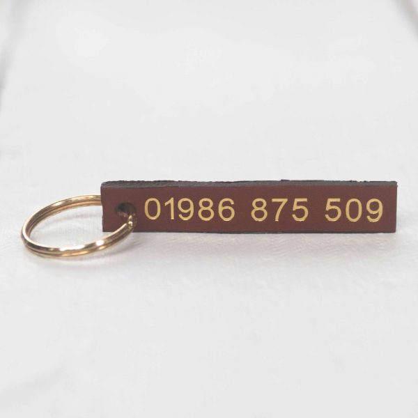 Personalised choc leather key fob embossed phone number gold