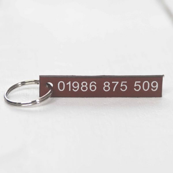 Personalised choc leather key fob embossed phone number silver