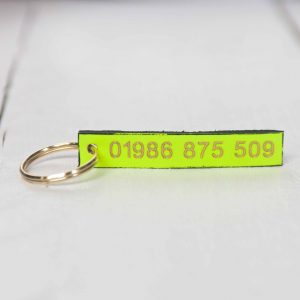 Personalised neon yellow leather key fob embossed phone number gold